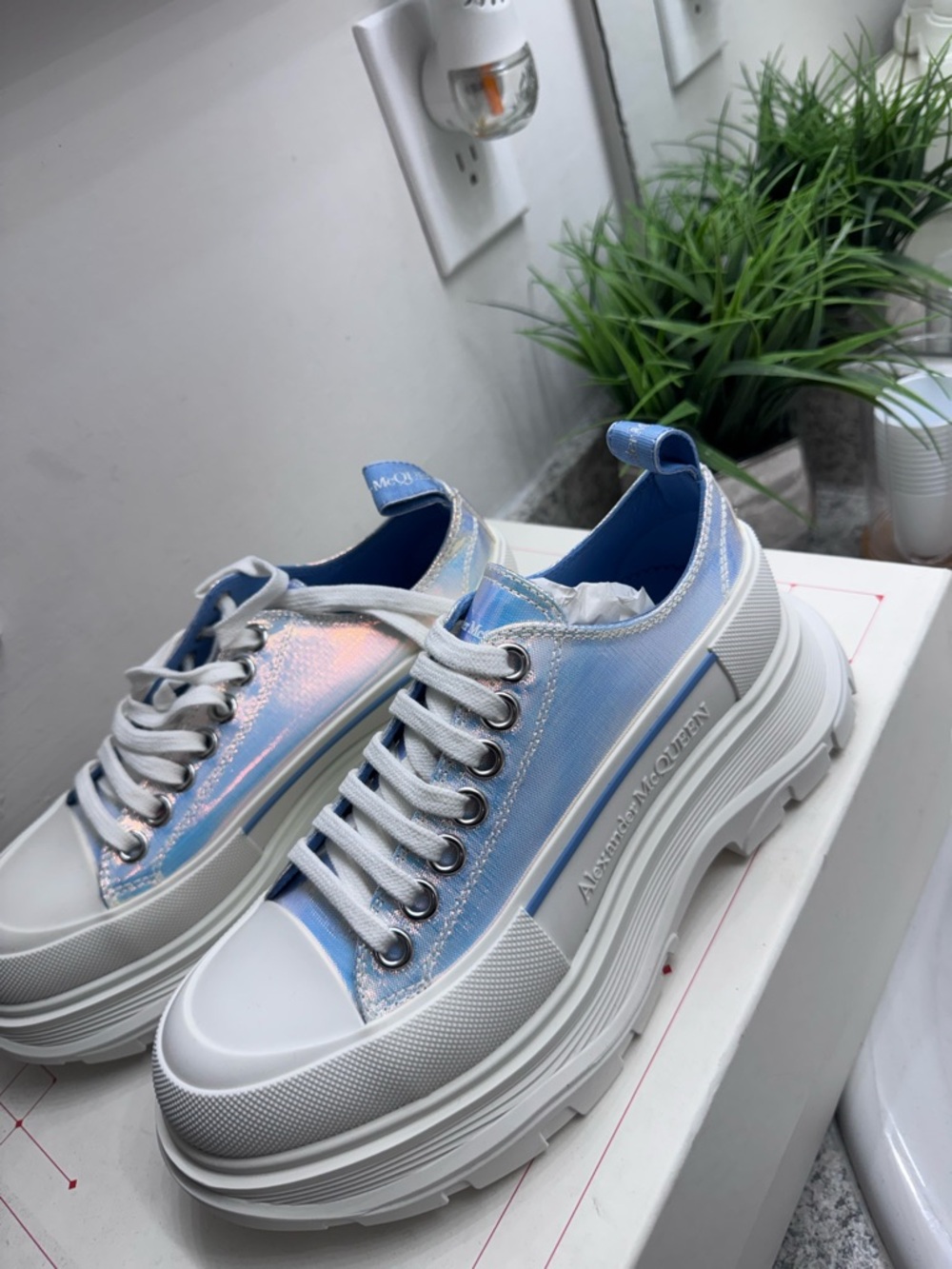 Alexander McQueen Iridescent Light Blue Platform Sneakers!